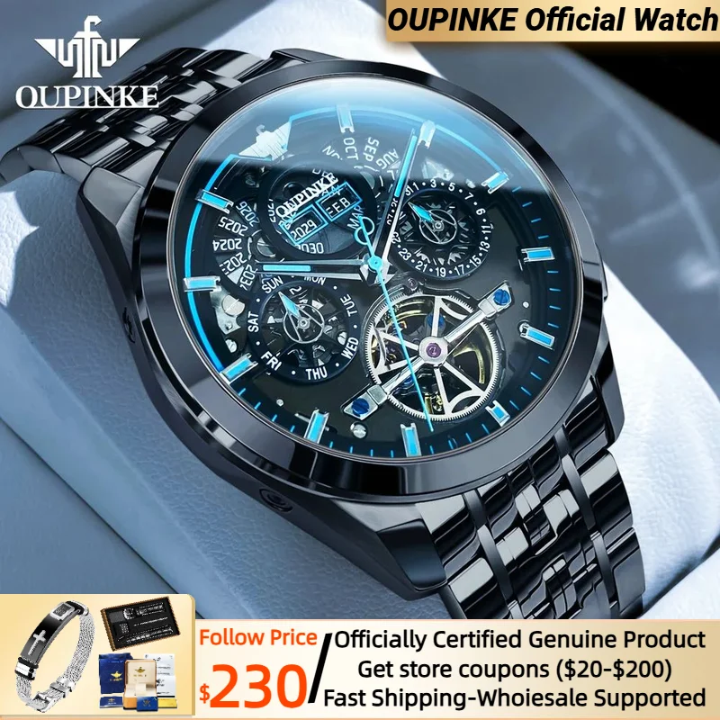 

OUPINKE Black Stainless steel Automatic Watch for Men Luxury Flywheel Design Multifunctional Men's Wristwatches Swiss Brand