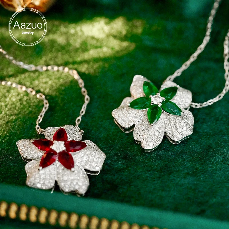 

Aazuo Fine Jewerly 18K White Gold Natural Ruby Emerald Real Diamond Flower Shape Necklace Gifted For Women Birtthday Party