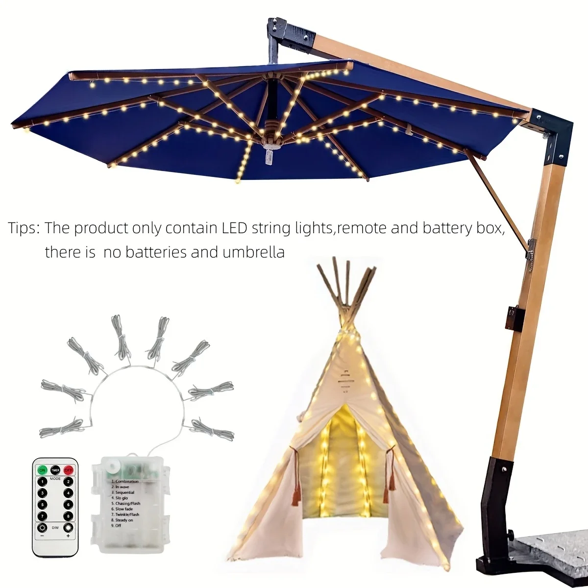 1 قطعة 104 LED مظلة فناء ضوء USB بالطاقة مع جهاز التحكم عن بعد و 8 أوضاع الإضاءة مقاوم للماء للمنزل حديقة الشاطئ المظلة التخييم ديكور #2