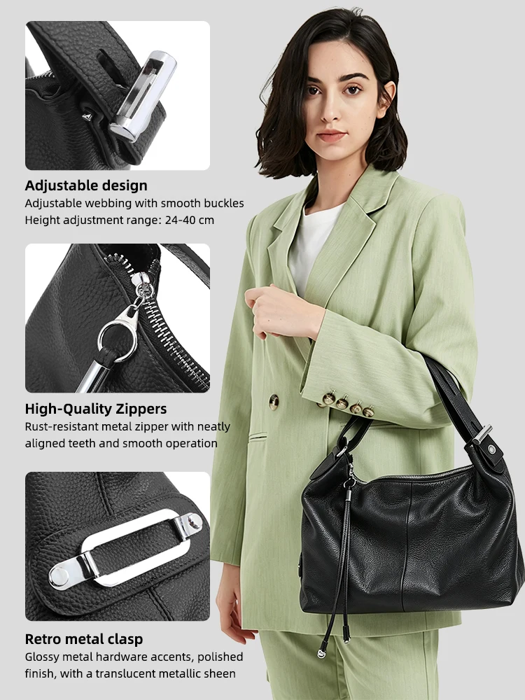 Zency 100% Genuine Leather Large Women Top Handle Shoulder Bag Tote Handbag Purse Black Leather Hobo Bag Underarm Zipper Bags image 4