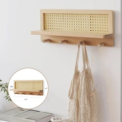 Boho Wooden Rattan Wall Shelf Hangable  Shelves Wall Hook Farmhouse Decoration Rustic Organizer Nursery Book Shelves with Hooks
