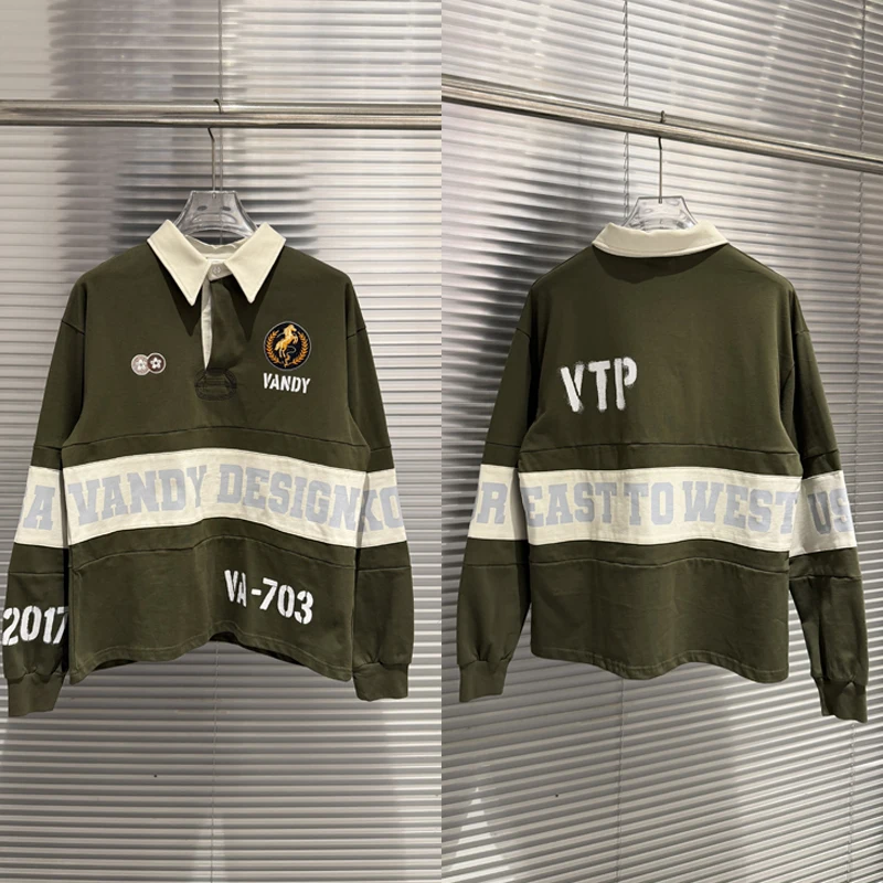 New Splicing Badge Embroidered White Ink Printed Flip Collar Washed Outdated Vandy Long Sleeve Polo Shirt