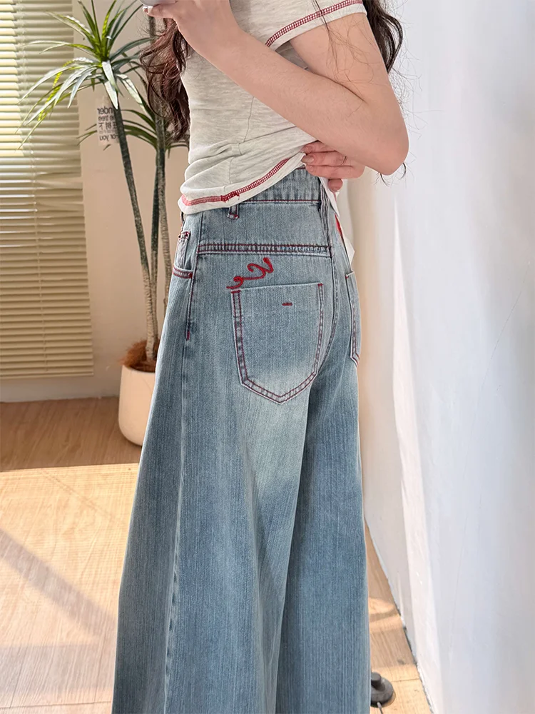 

High Waist Loose Fit Slimming Blue Embroidery Design American Retro Denim Jeans Women's New Style Casual Wide Leg Pants