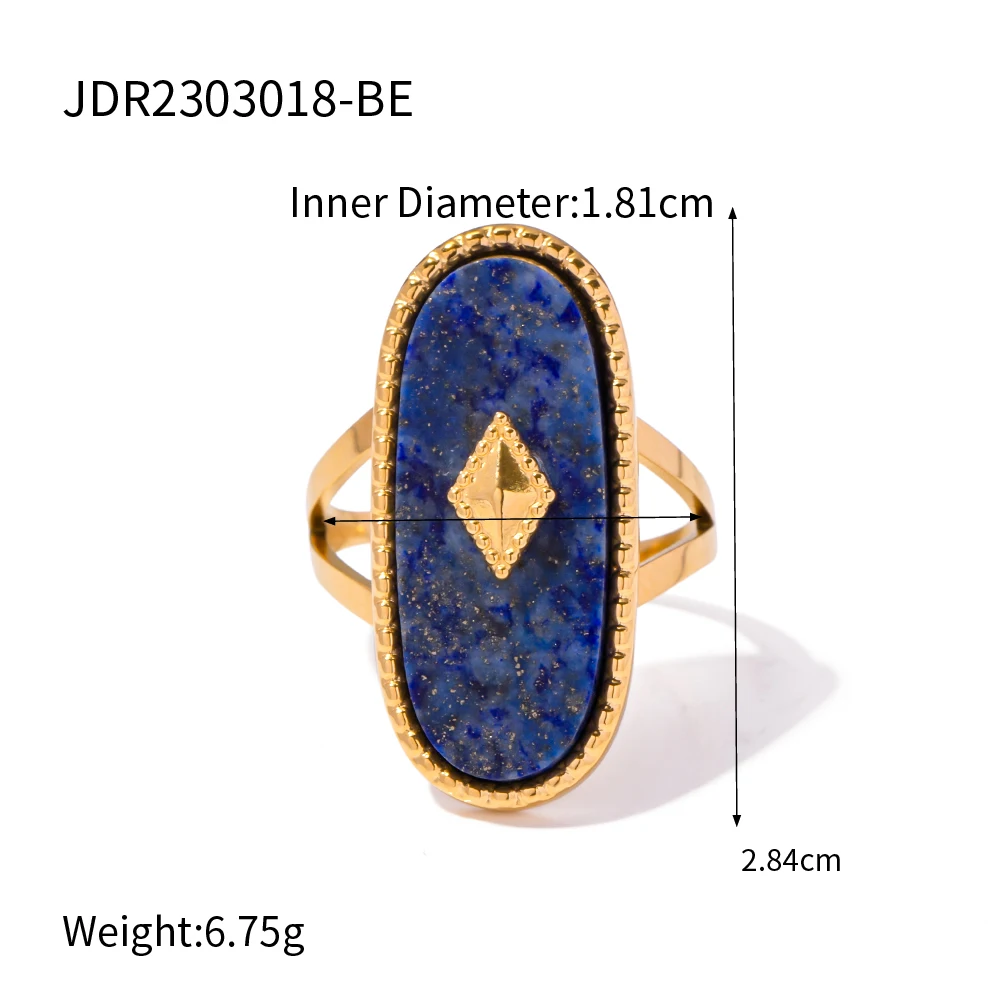 Uworld Aço Inoxidável Oval Natural Lapis Pedra Empilhamento Anel, Banhado A Ouro 18K, Moda Charme Jóias, Nova Chegada