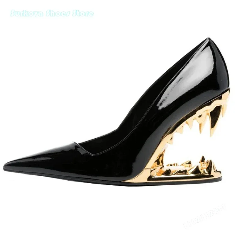 

Tiger Teeth Heel Slip On Pumps Novelty Pointed Toe Strange Heel Women's Shoes Fashion Street Style Patent Leather Shallow Pumps