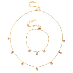 316L Stainless Steel Simplicity Pink Zircon Geometry Pendant Clavicular Chain Necklaces Bracelet Fashion High Jewelry Party Gift