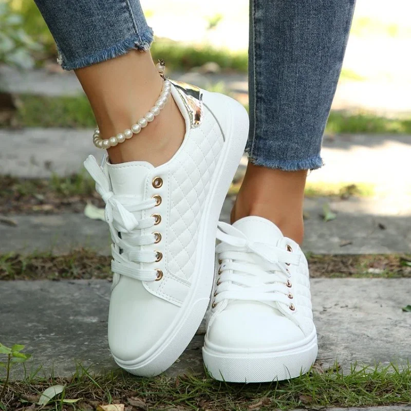 Size 35-41 Women White Sneakers 2024 Spring Autumn Womens Fashion Black Lace-up Soft Soled PU Leather Shoes Ladies Casual Shoes