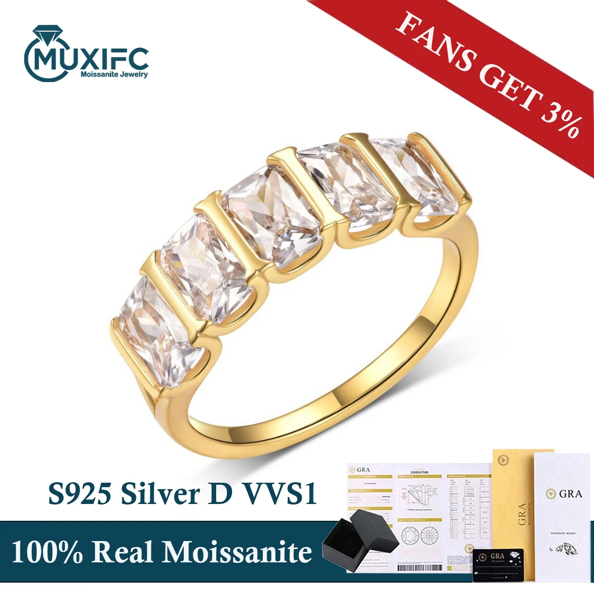 

MUXIFC Emerald Cut All Moissanite Ring for Women D VVS1 Lab Diamond GRA Certified Eternity Wedding Band S925 Silver Jewelry