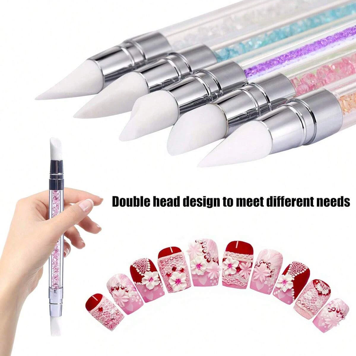 Dual-Ended Silicone Gravura e Embossing Pen, Flor Sculpting Pen, 3D Acrílico Nail Brushes, Espelho Glitter Powder, 5Pcs