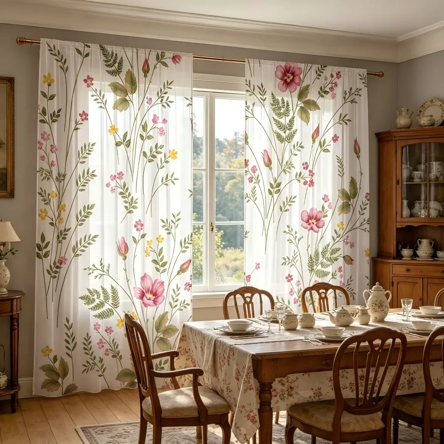 2PCS Digital Print Sheer Curtain, Pink Yellow Small Flower Ditsy Floral Pastel Window Drapes for Living Room Bedroom Home Decor