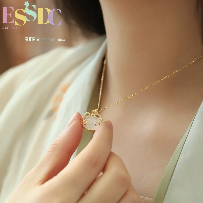 925 Silver Ancient Style Jade Chopin Ruyi Ping An Long Life Lock Necklace Girls Birthday Gift Necklace to send to girlfriend