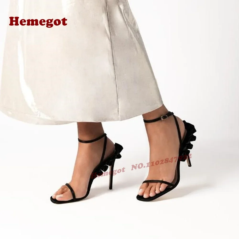 Open Toe One Strap Buckled Women's Sandals Black Pleated Slingback Sandals Thin High Heels Side Air Summer Runway Shoes Sexy