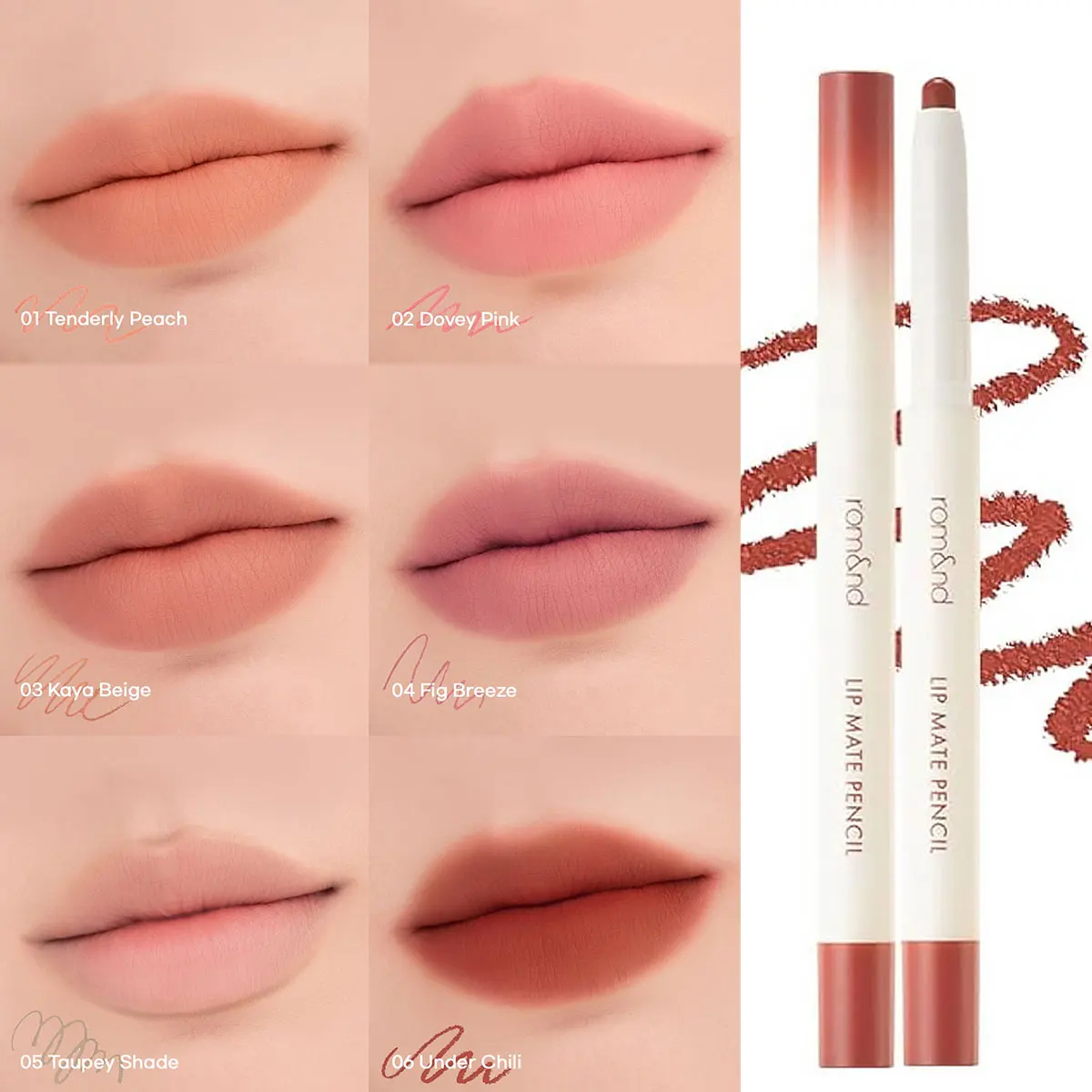 Rom & nd LIP MATE PENCIL, textura fosca de veludo, núcleo de lápis suave, cor de longa duração, sofisticação fosca, K-Beauty, maquiagem coreana