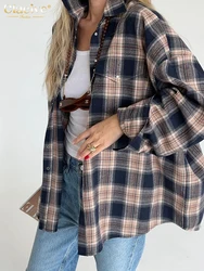 Clacive Fashion Loose Plaid Women Shirts 2023 Elegant Lapel Long Sleeve Office Blouses Vintage Classic Blusa Top Female Clothing