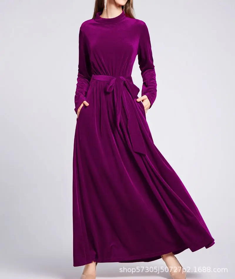 Robes d'automne et d'hiver pour femmes, manches longues, arabie saoudite, ceinture, col rond, couleur unie, dubaï, Abayas, Robe musulmane