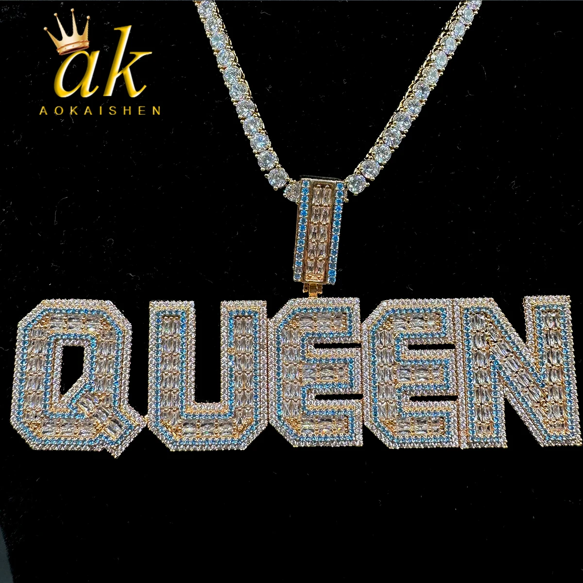 

Aokaishen Iced Out Personalized Pendant Baguette Custom Name Necklace for Women Blue Stones Hip Hop Jewelry