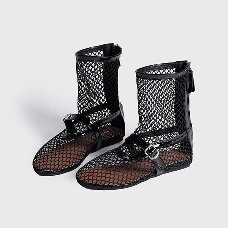 Ins style Fashion Mesh Hollow out Women Summer Ankle Boots Casual Flats Strap Buckle Zip Short Boots Sandals Girls Shoes Botas