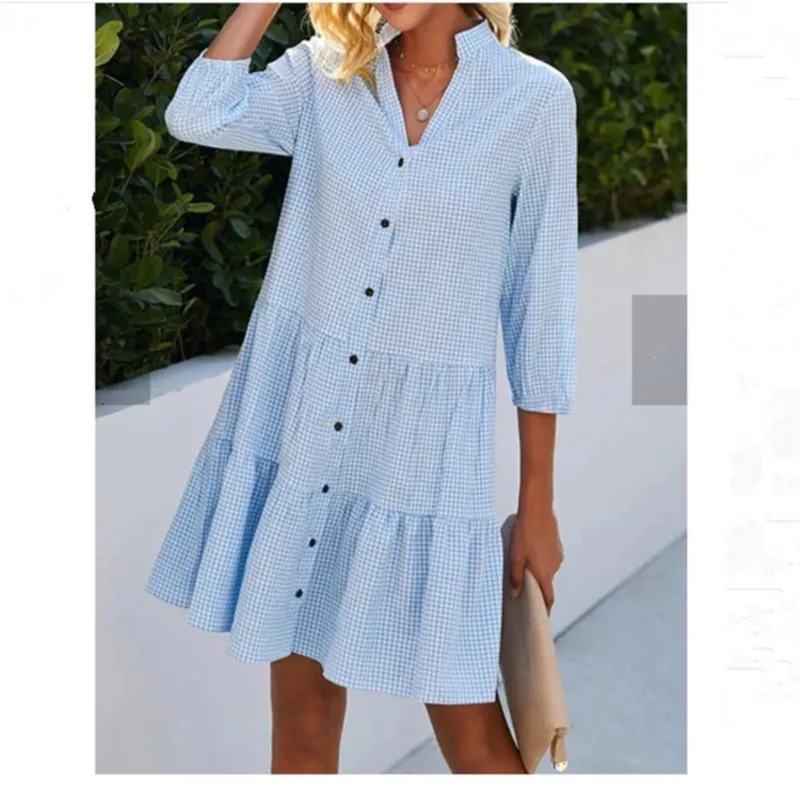 

Women's Spring And Autumn Quarter Sleeved Checkered Stand Up Collar Cardigan, Multi Breasted Shirt, Loose Casual Women's Dress