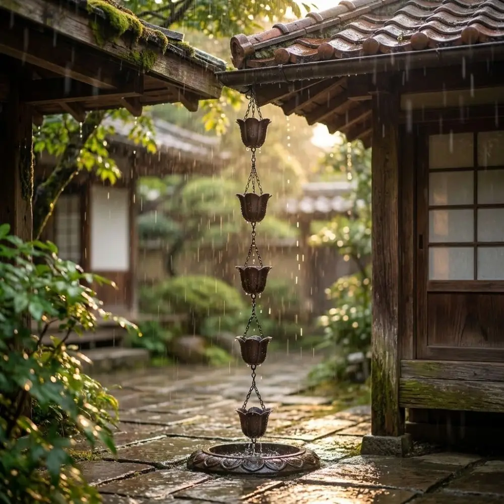 Japanese Style Metal Tulip Rain Chain 7 Cups Hanging Rain Chain for Gutters Flower-shaped Directs Water Rain Catcher Roof Eaves