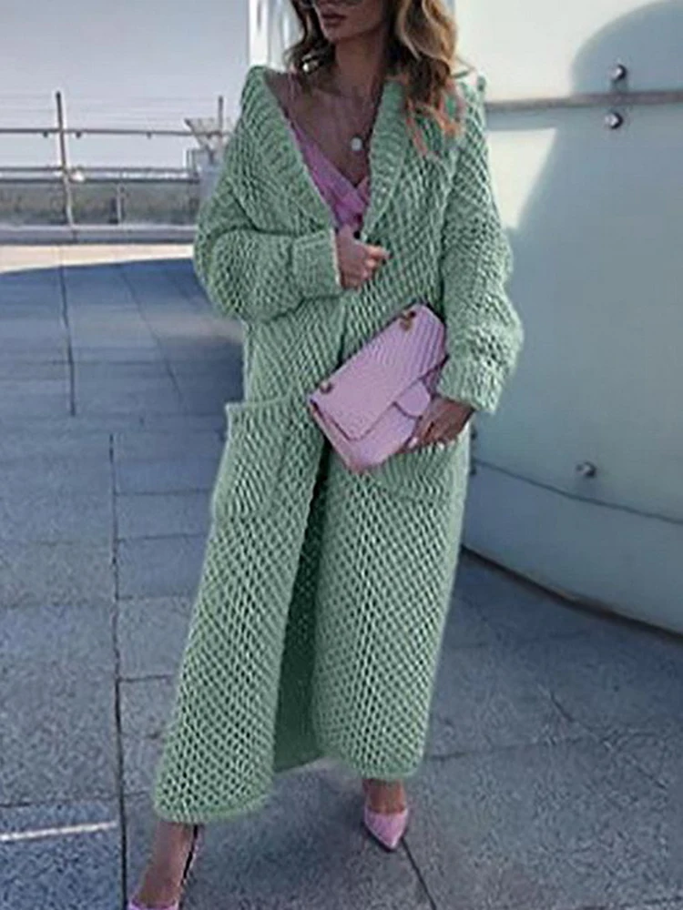 Long Knitted Sweater Women Elegant Oversized Knit Cardigan Winter Casual Lapel Knitwear Lady Vintage Loose Solid Maxi Cardigan