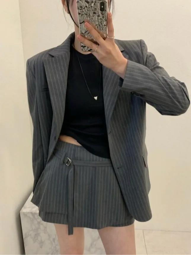 Premium Striped Suit Jacket Women's High Waist Versatile  Skirt Spring New Style Korean Style Inner Wear Regular Fit