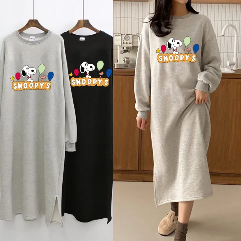 Loose-fit Medium-length Grey Fleece-lined Sweatshirt Dress Women's Clothing Spring Autumn/winter Long Sweatshirt