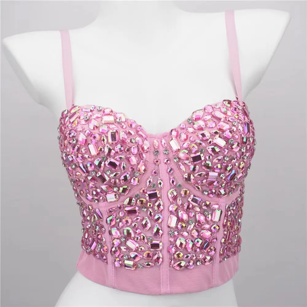 Heavy Beadings Lady Corset Rhinestones Charming Bustier Colorful Acrylic Stone Nightclub Party Sexy Female Camis Women Crop Tops