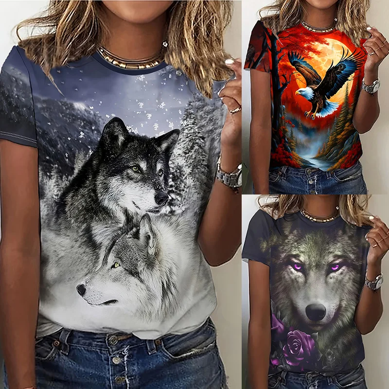 2024 Fashion Women's Crew Neck Short Sleeve T-shirt Printed 3D Wolf Oversized Women's Loose Top T-shirt Summer Casual T-shirt