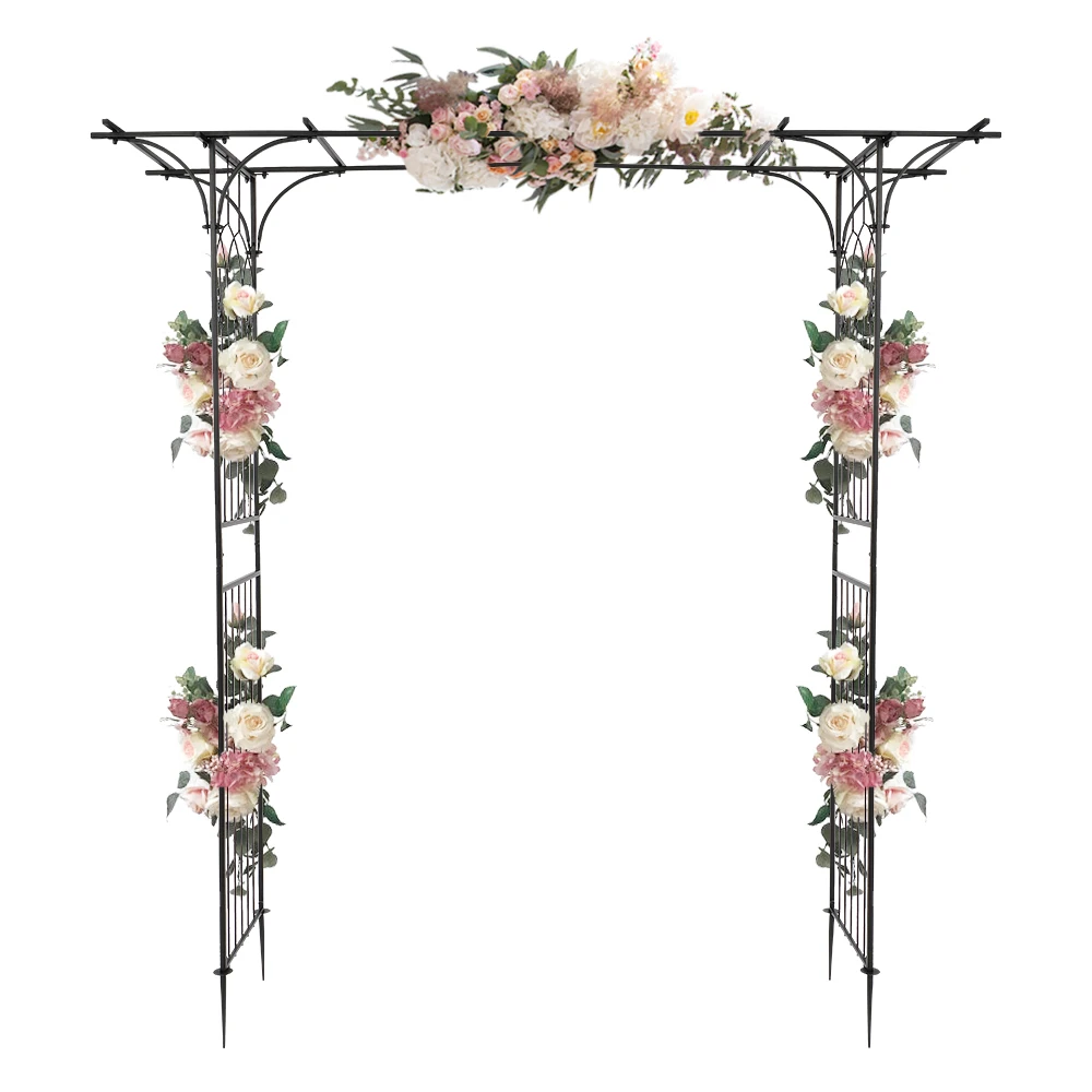 7.1ft Flat Top Wrought Iron Garden Arch Trellis, Heavy Duty 13mm Metal Plant Climbing Frame, Weatherproof Black Pergola Arbor for Roses Vines Backyard Patio Wedding Decor