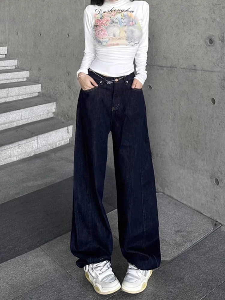 

High Waist Loose Fit Straight Leg Denim Jeans Deep Blue Casual Long Trousers for ort Women Summer New Arrival