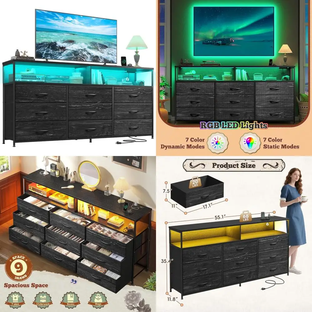 خزانة غرفة نوم 55 وات مع 9 أدراج، حامل تلفزيون LED مع منافذ طاقة لأجهزة التلفاز مقاس 45-65 بوصة، خزانة ذات أدراج طويلة متينة