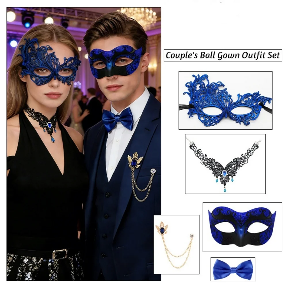Couple Masks Set  Party Mask Necklace Brooch Set Venetian Carnival Masks High-Quality Masquerade Mask Set For Special