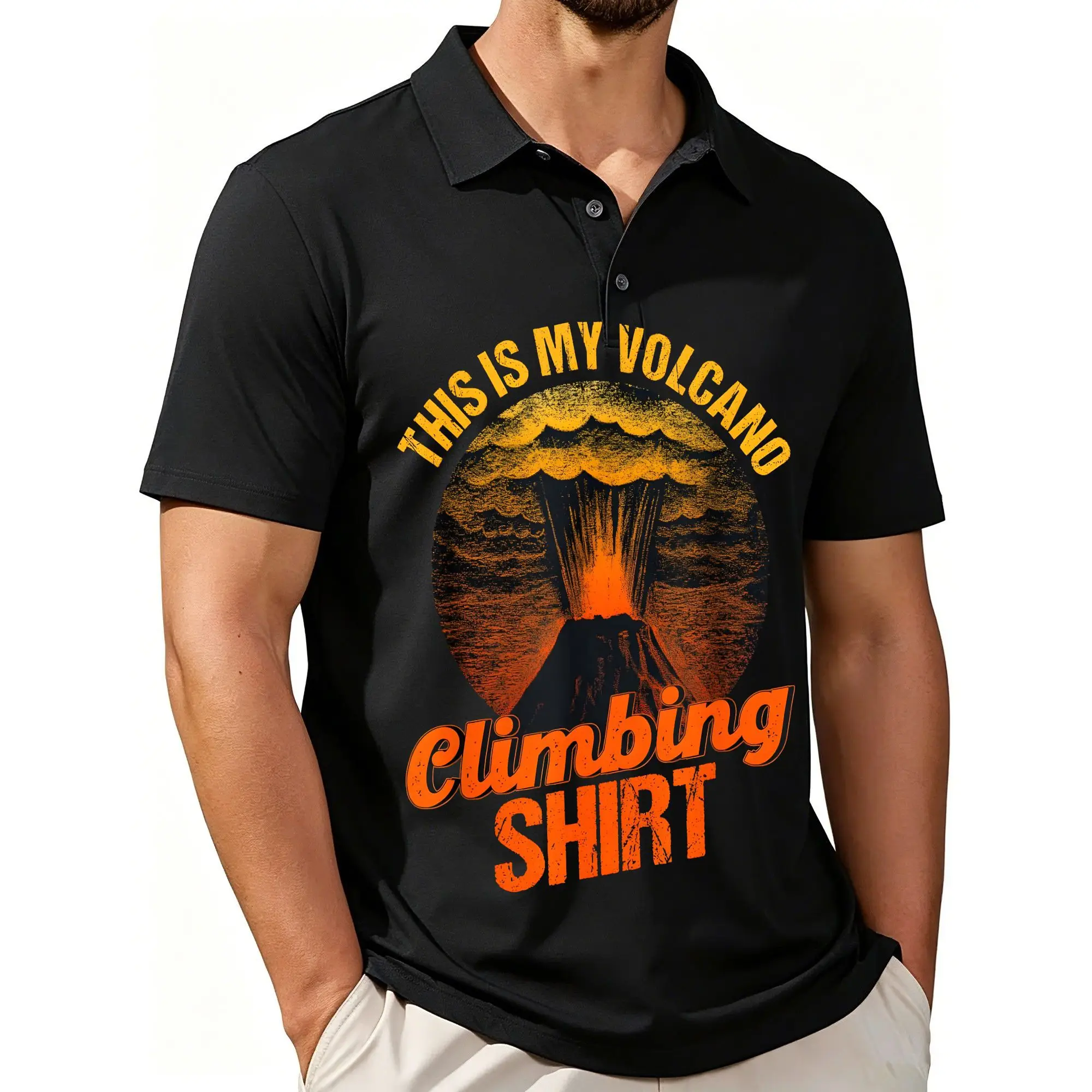 Men's Printed Short-Sleeved Polo Shirt, Exclusive Commemorative Edition for Volcano Climbing, Stylish and Casual Design, Breathable Fabric, Suitable for All Seasons.