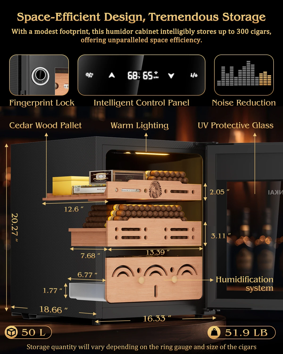 Electric Cigar Humidor Cabinet,300pcs Cooling Cigar Fridge,Temperature Humidity Control with Cedar Wood Trays,Noise Cancelling