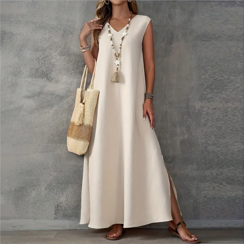 

Casual Elegant One-piece Dress 2026 Summer Solid color V-neck Sleeveless Side Slit Long Dresses Loose Boho Dress for Women