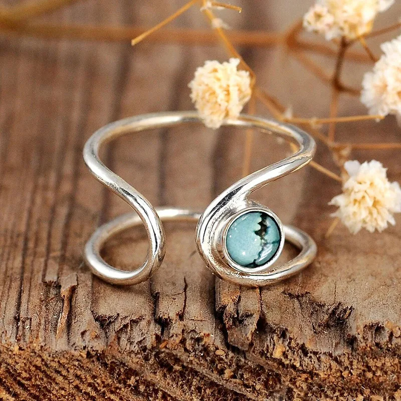 European and American Retro New Style Simple Inlaid Turquoise Ring for Women, High-end Opening Adjustable Line Accessory