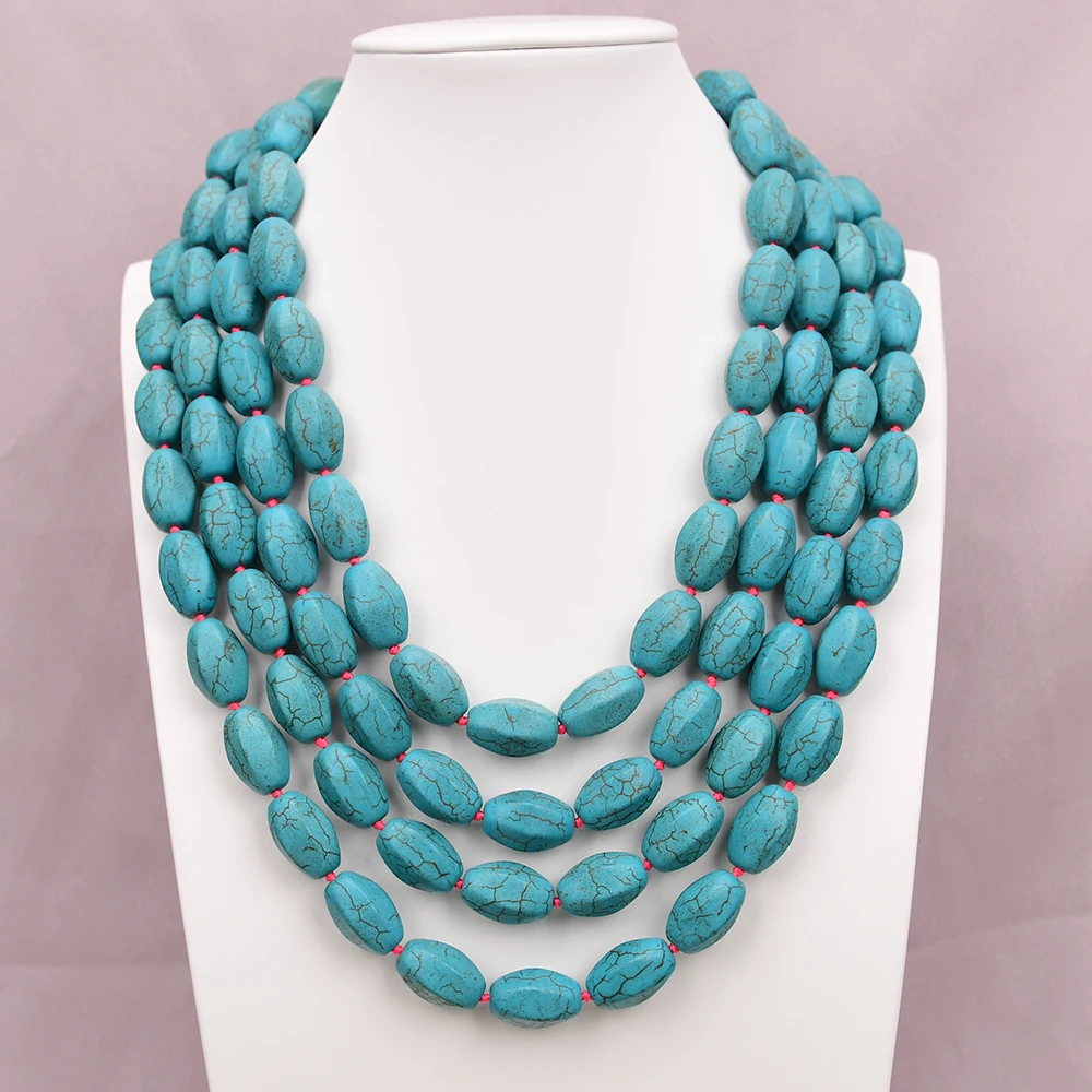 

APDGG A106 Handmade 3 Rows Natural Mix Stone Black volcanic rock Blue Turquoise Multi Strands Necklace