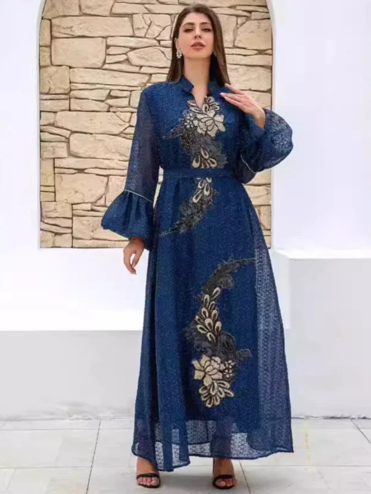 Eid Embroidery Dress for Women Muslim Party Ramadan Abaya Long Dress Belt Morocco Kaftan Vestidos Largos Dubai Robe Jalabiya