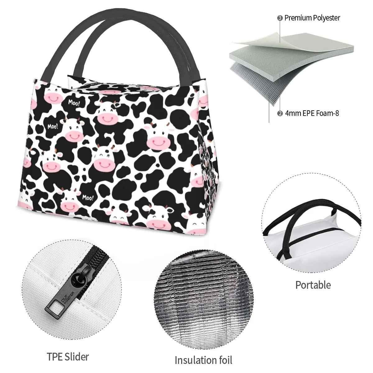 Cow Lunch Bag For Woman For Man Adults, Insulated Lunch Tote Lunch Box Container For Work Picnic Or Travel, Beach, Camping