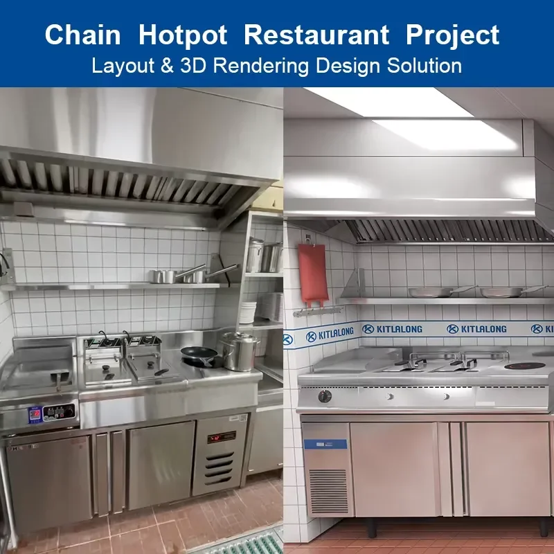 for Chain Hot Pot Restaurant Commercial Kitchen Layout 3D Rendering Design Solution Catering Equipment Supply Project