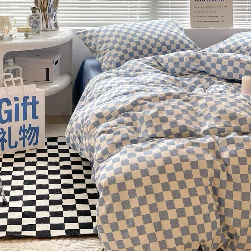 Nordic Blue Chessboard Bedding Set Fashion Lattice Duvet Cover Twin Full Queen King Size Bed Flat Sheet Pillowcase Girls Women