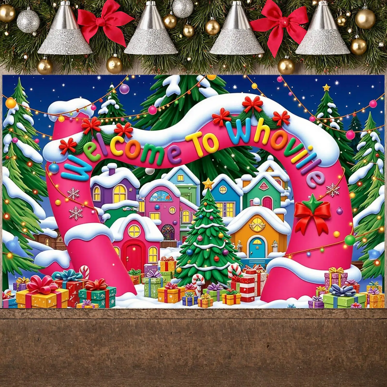 Holiday Backdrop Cartoon Festive Welcome Banner Winter Holiday Backdrop Welcome Arch Welcome Whoville Banner For Christmas