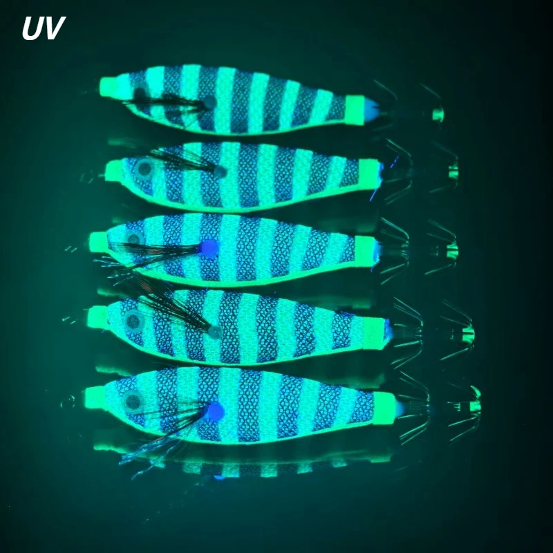 5 Stück UV-Leuchtende Tintenfisch-Köder Egi-Köder Gestreifter Hartköder Realistisches Auge Rote Feder Scharfer Schirmhaken für Salzwasser-Tintenfische – Detail 4