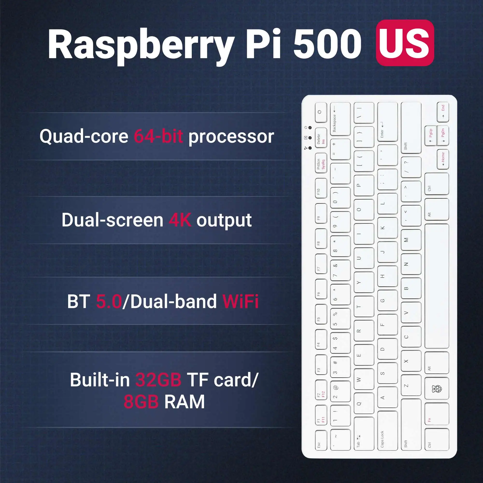 Raspberry Pi 500公式キーボードキット,オールインワンプログラミング,強力なコンピューター,内蔵クアッドコアアームプロセッサー,TFカード,メインボード