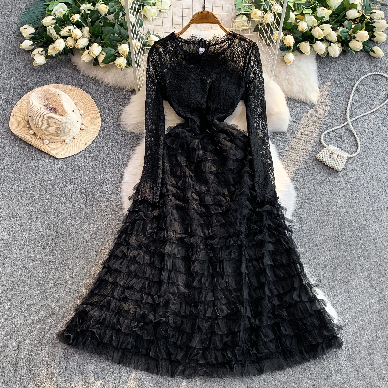 Vestido de fiesta Sexy y elegante de manga larga con encaje ajustado y cuello redondo, vestidos de ceremonia de moda coreana para mujer