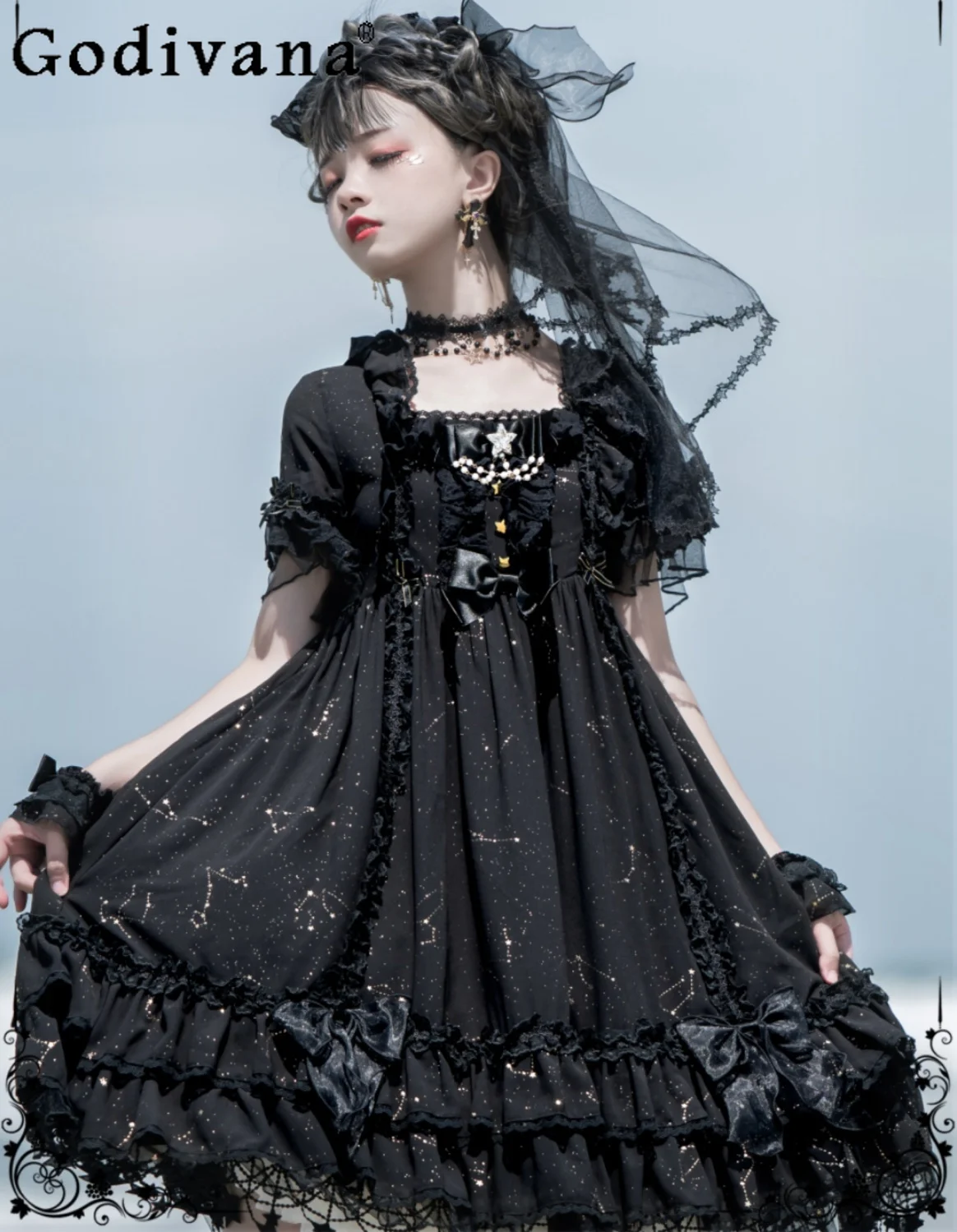 

Summer New Japanese Original Lolita Dark Loli Dress Goth Style Daily Short Sleeve OP Sweet Cool Girl Dress