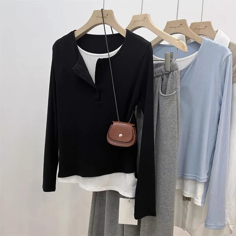 Color Block Fake Two Piece Henley Neck Long Sleeve Tee Slim Fit Inner Top for Women Autumn Winter Up