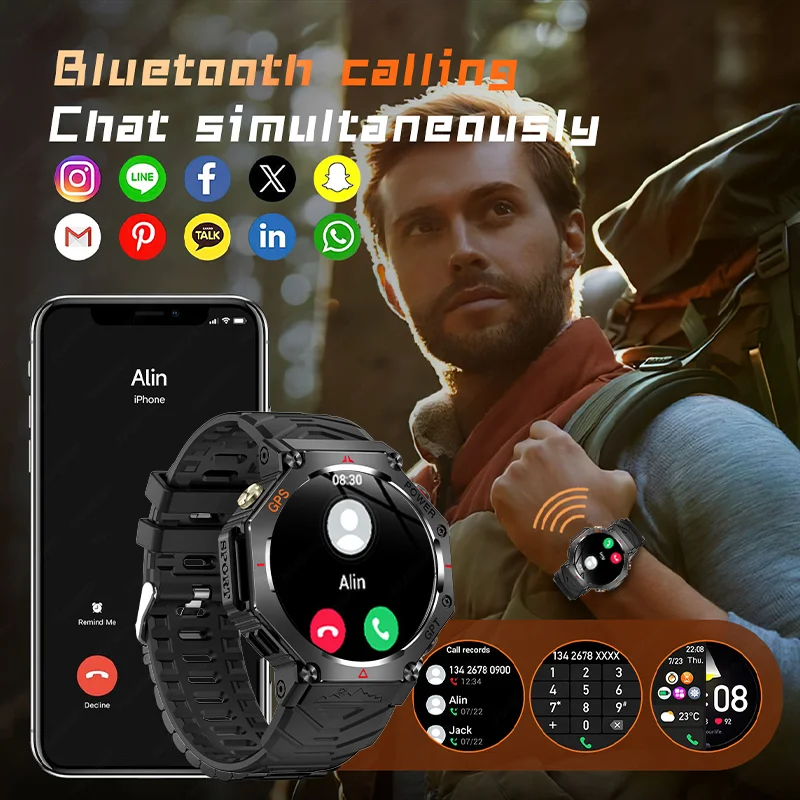 2025 GPS ساعة ذكية رياضية خارجية مع مصباح يدوي LED وبوصلة ارتفاع ضغط الهواء بلوتوث دعوة اللياقة البدنية ساعة مقاومة للماء