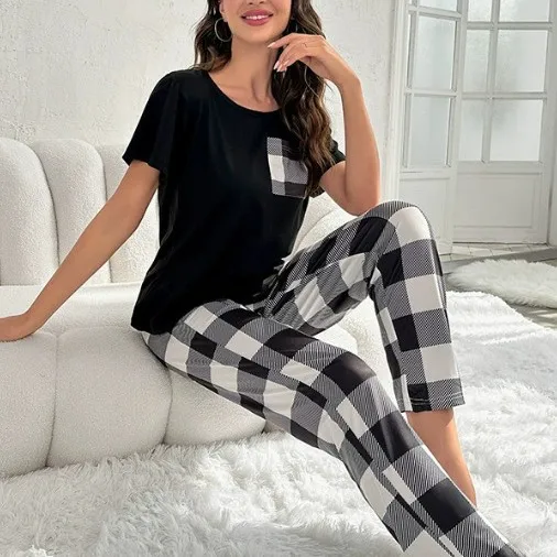 

Womens Plaid Pajama Set, Casual Pocket Two Piece Pajamas Set, Thin Comfortable Home Sleepwear Set, Stylish Outdoor Pajama Outfit