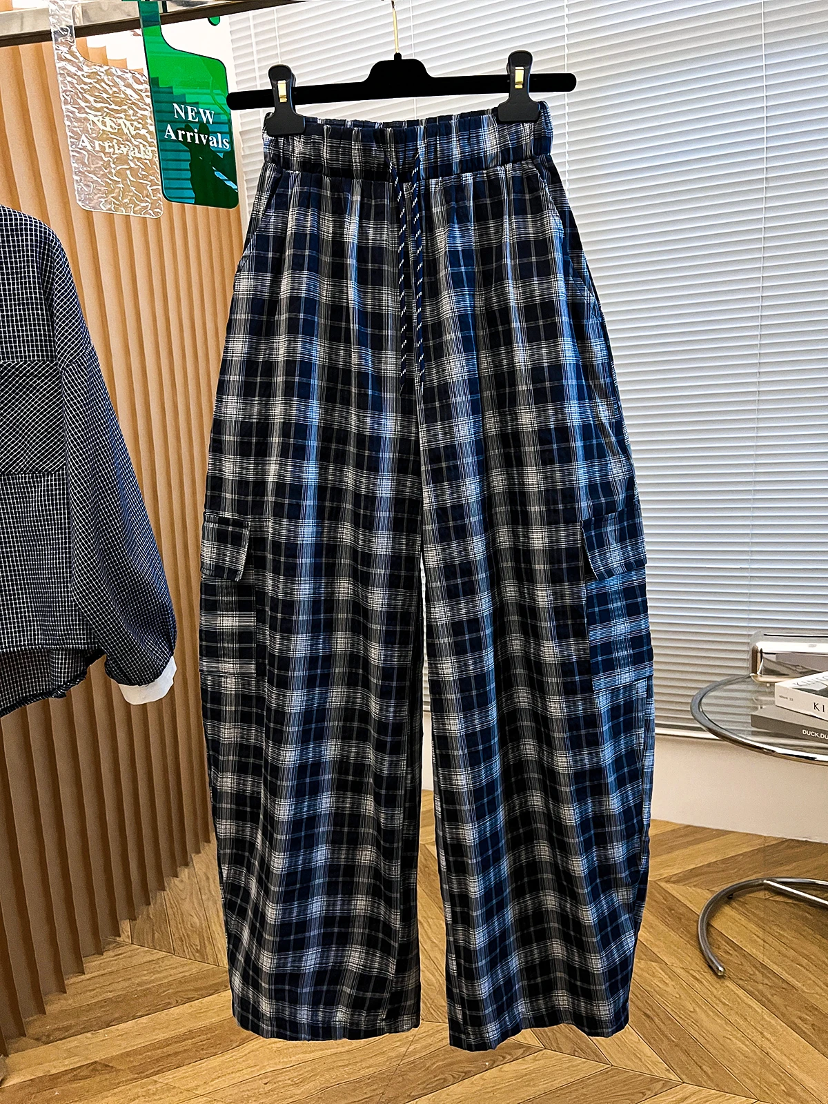 Faionable Plaid Wide Leg Pants Women's Autumn Loose Waist plus Size Trendy Agel Knife  Dstring Casual Trousers